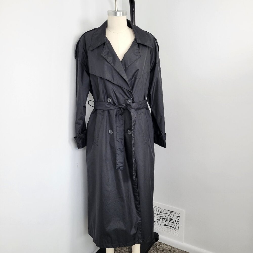 Vintage 90S Y2K Maggie Lawrence Trench Coat Classic Black Belted Rain Coat Goth